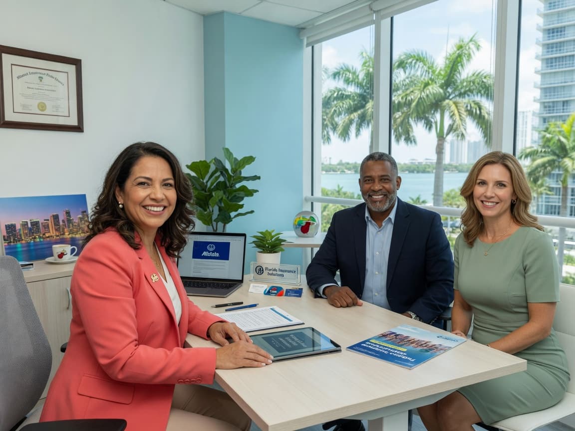An insurance agent reviewing a policy with a couple in a bright office