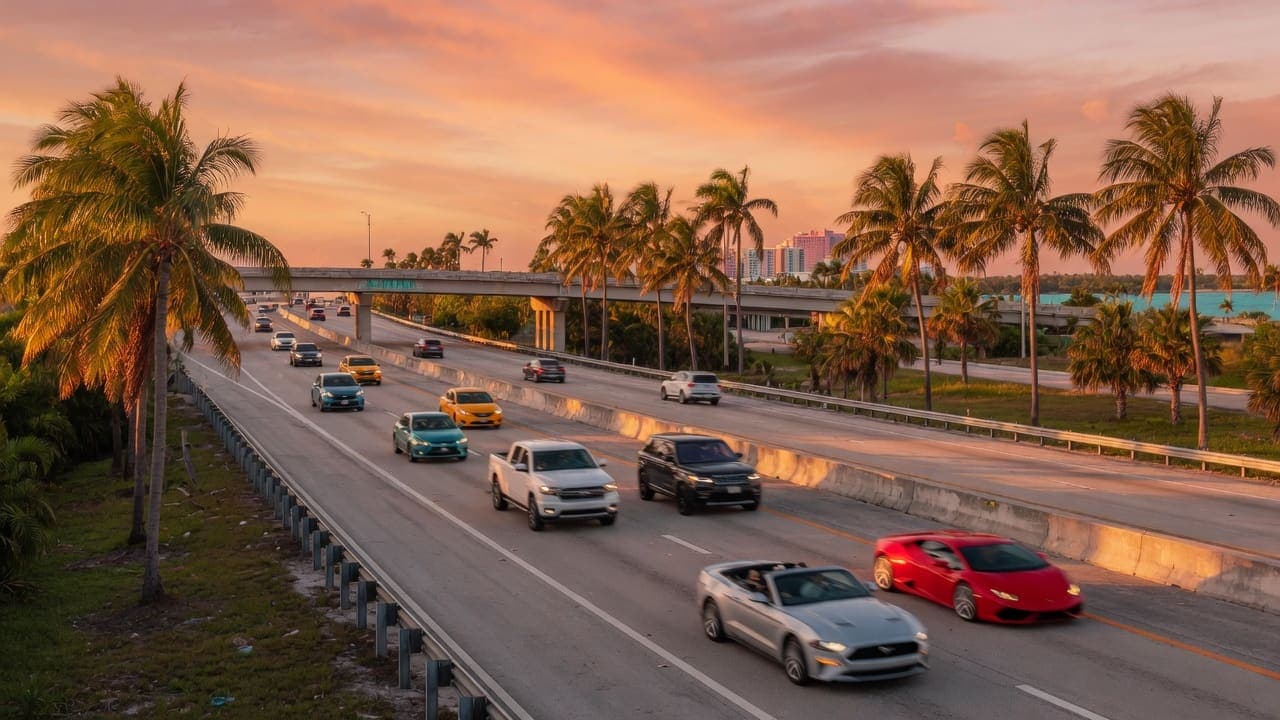 Cars on a Florida highway at sunset