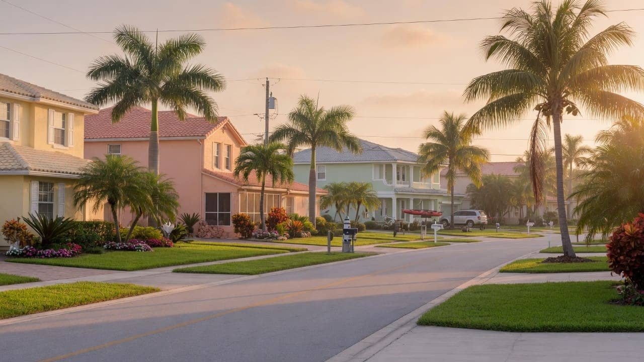 A quiet South Florida street lined with homes and palm trees