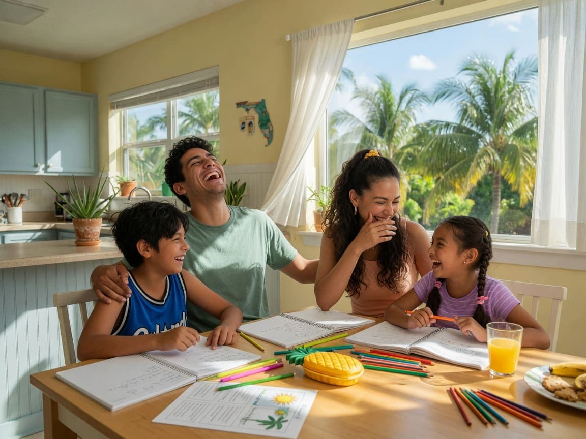 Padres e hijos haciendo la tarea juntos en la mesa de la cocina