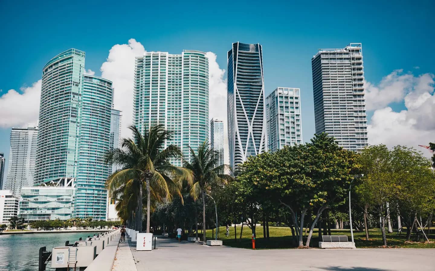 Glass residential towers and palm trees under a blue sky