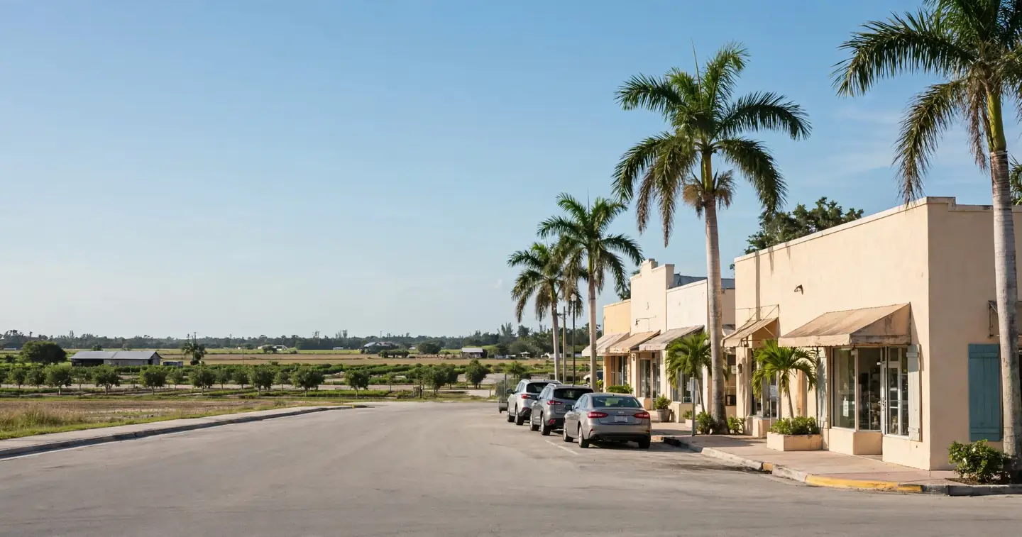 Una hilera de tiendas con palmeras junto a campos de cultivo en una calle soleada del sur de Florida