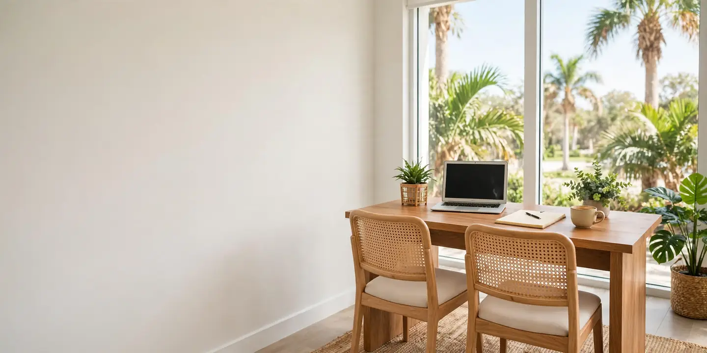 Un escritorio luminoso con una laptop y dos sillas junto a una ventana con palmeras